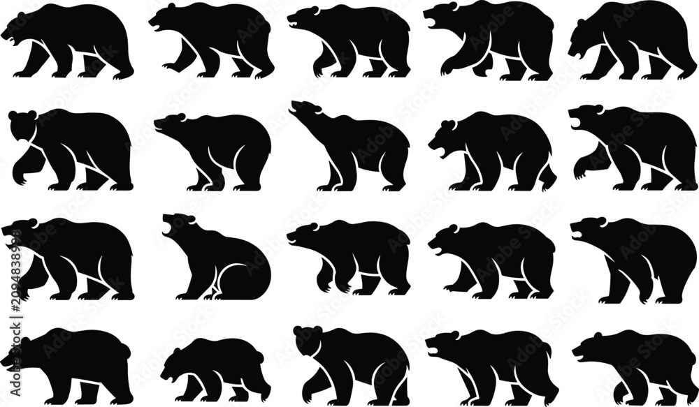 Obraz premium Collection of black bear silhouettes in various poses isolated on white background