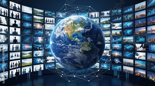 Global network data connectivity world map, earth globe surrounded by video wall screens, digital technology communication internet concept, big data visualization