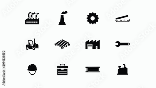 фотографія Twelve minimalist black industrial equipment and worker safety icons on light ba