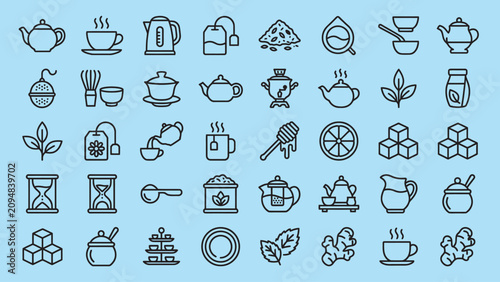 Fotografie Set of tea icons, thin line style, tea ceremony, brewing, tea leaves, kettle, cu