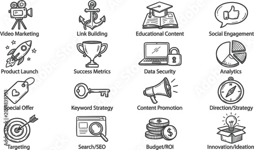 Digital marketing and search engine optimization outline icon set featuring symbols for video production link building data security analytics content promotion budget and targeting.