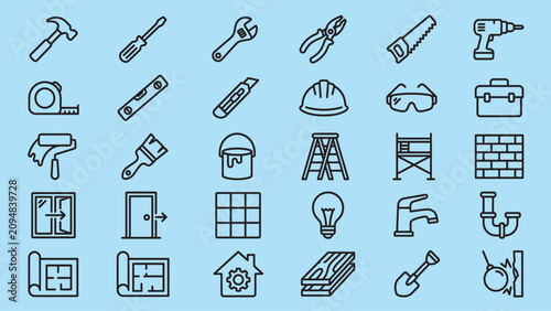Set of construction and renovation tools icons, thin line style, vector illustration