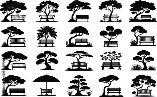 Set of trees and benches, park and garden silhouettes, green spaces for relaxation