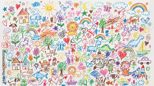 Colorful doodle artwork. Vibrant hand-drawn illustrations. Creative expression background