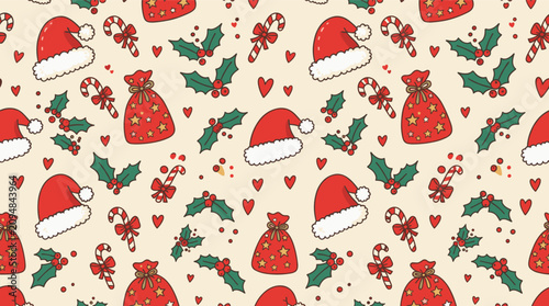 Christmas holiday pattern with Santa hats and holly. Festive winter seamless design. Seasonal decoration background