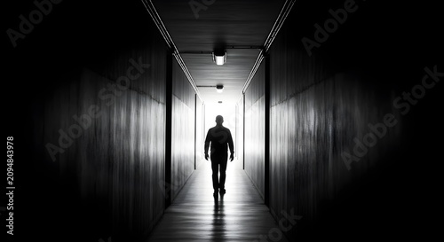 Silhouette of a lone man walking through a dark narrow tunnel towards a bright glowing exit light at the end