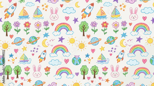 Colorful whimsical pattern with cartoon illustrations. Whimsy design with rainbow, animals and flowers. Playful background texture
