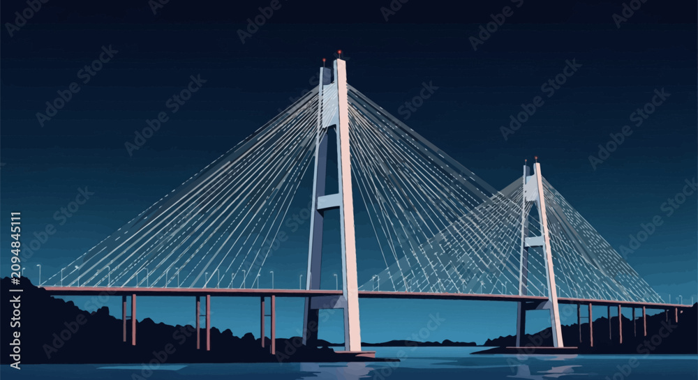 Obraz premium Vector illustration of a modern cable-stayed bridge at night featuring two tall concrete pylons and radiating stay cables spanning over water under a clear starry blue sky.