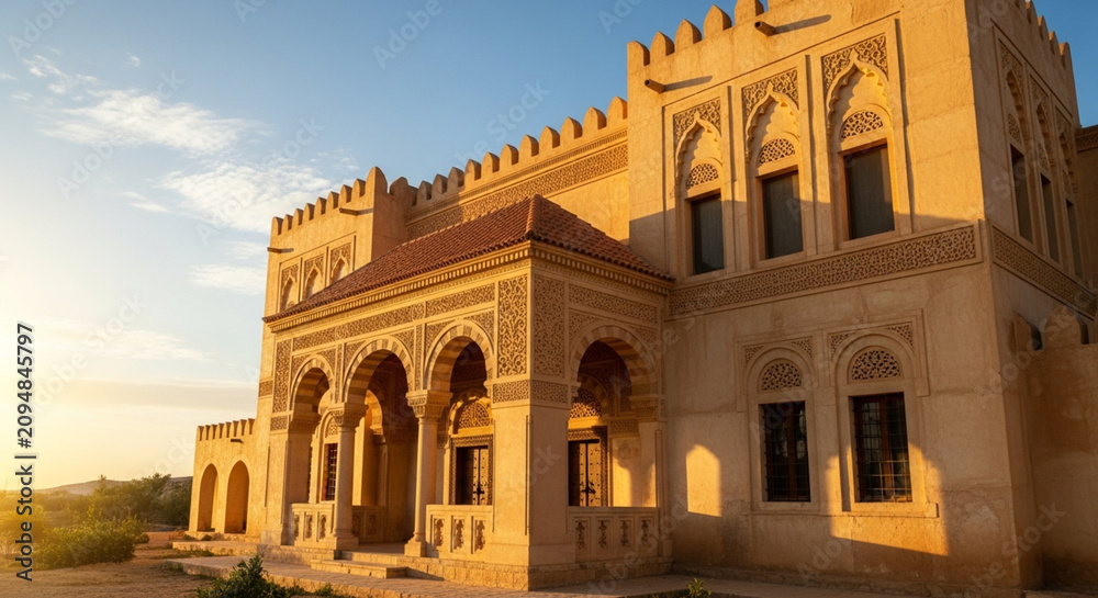 Fototapeta premium Ornate Moorish Palace Architecture with Arches and Intricate Carvings, Sunset Light