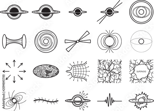 A collection of abstract scientific diagrams depicting cosmic phenomena like black holes, gravitational forces, and spatial distortions, rendered in a clean, minimalist line art style.