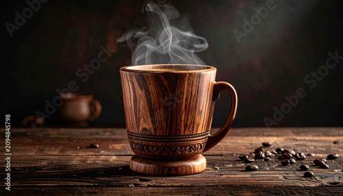 Rustic wooden cup of hot steaming coffee on table with caffeine beverage breakfast background espresso invigorating