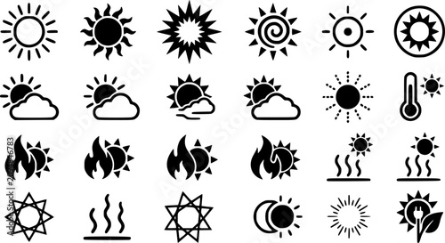 Sun Icon Set Featuring Solar Symbols, Summer Weather, Sunburst Shapes, Sunshine Logo Elements, Heat Energy and Minimal Celestial Designs