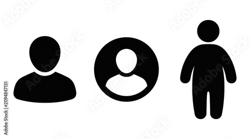 Three distinct black user profile icons, including a generic silhouette, a circular avatar, and a larger figure, isolated on transparent background, representing diverse user types.