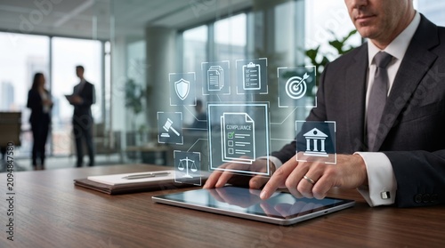Businessman using tablet with compliance hologram icons, corporate governance, legal tech, digital strategy, risk management, business success, modern office interior