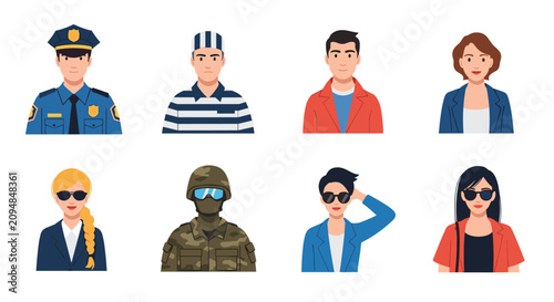 Grid collection of diverse male and female character avatars representing various professions, uniforms, and roles.