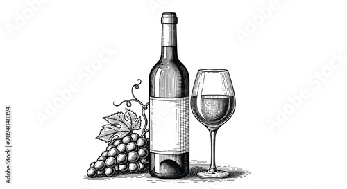 Vintage engraving style sketch of a classic wine bottle with a blank label, a filled wine glass, and a bunch of grapes.