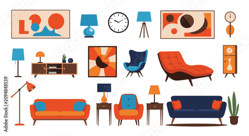 Mid century modern style interior design elements showing colorful vintage sofas, armchairs, lamps, and paintings.