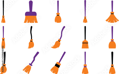 Halloween witch brooms flying in air. Vector set of spooky broomsticks with purple handles and orange bristles. Festive icons for seasonal decorati...