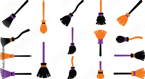 Halloween witch brooms icon set. Broomstick flying magic tools. Witchcraft symbols vector illustration