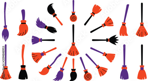 Halloween witch brooms icon set. Broomsticks for witches. Magical flying broom icons