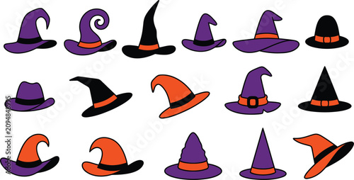 Halloween witch hats collection in purple and orange. Vector clipart set of stylized witch hat icons with minimal line art. Festive holiday costume...