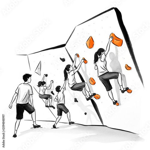 Group of people bouldering on climbing wall in indoor gym  