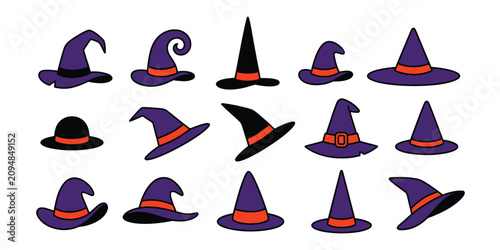 Minimalist witch hats clipart. Cartoon magic hats icons. Vector Halloween symbols