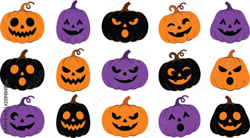 Halloween pumpkin faces vector clipart set. Cute and spooky jack-o-lantern icons with varied expressions and colors. Festive autumn holiday design...