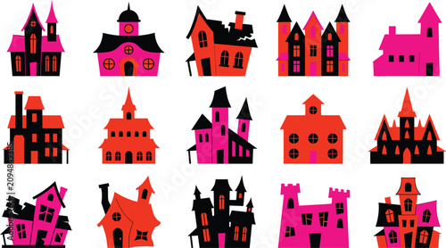 Halloween haunted houses icon set. Minimalist spooky house illustrations. Vector Halloween icons
