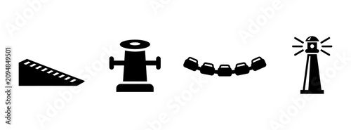 Obraz na plátně Black maritime and harbor infrastructure icons set containing ramp, mooring boll