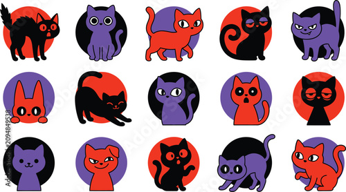 Cute Halloween cats in stylized vector clipart. Playful black, purple, and orange feline icons for festive designs. Perfect for spooky season graph...