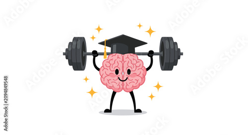 Cute brain cartoon character wearing a graduation cap while successfully lifting a very heavy barbell with stars.