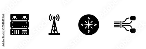 Set of black technology icons including data server antenna compass and network fiber cables for infrastructure design and connectivity