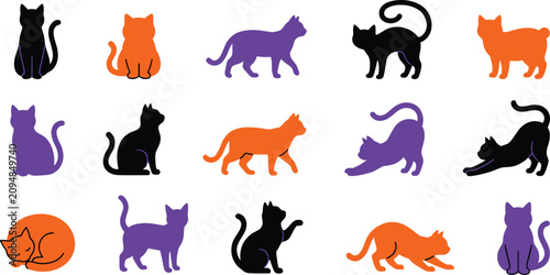 Halloween cat silhouettes in playful poses. Minimalist black and purple feline clipart for spooky designs. Vector icons of cats perfect for festive...