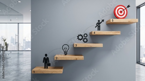 Business career path steps, growth strategy, and goal achievement concept with businessman climbing stairs to target