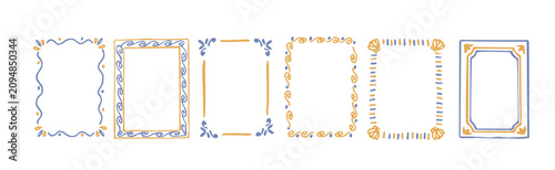 Hand drawn blue and yellow mediterranean frames and borders set