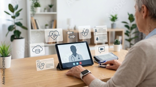Senior man using tablet for telemedicine video call with doctor, monitoring health vitals at home, digital healthcare concept, remote medical consultation