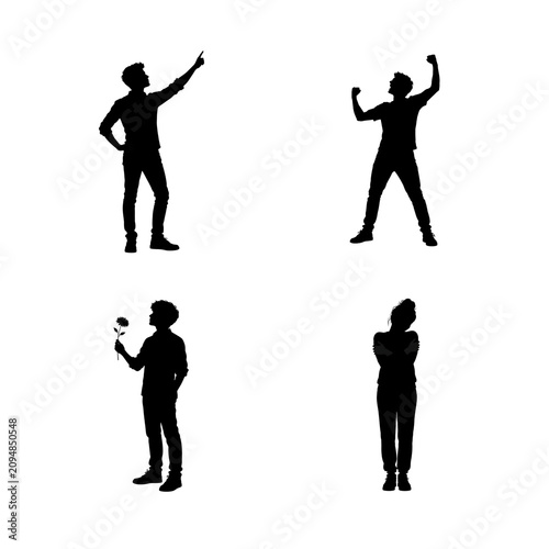 Four silhouette poses pointing celebrating holding flower and crossed arms isolated on transparent background