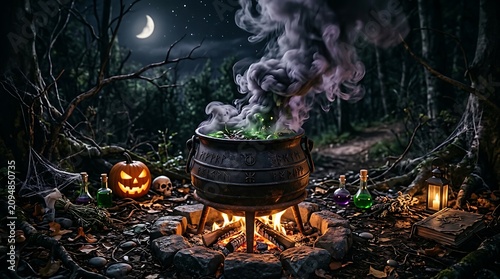 Spooky halloween witch's cauldron scene with glowing pumpkins and mystical forest for festive decorations