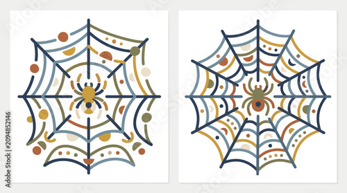 Abstract spider web illustrations with boho color palette.