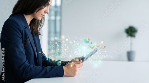 Businesswoman analyzing financial data, AI technology and business growth charts on digital tablet in modern office environment, corporate strategy concept