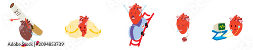 Cute cartoon anatomical heart character set showing health risks like smoking, stress, cholesterol, and medical checkups for cardiovascular disease awareness infographics.