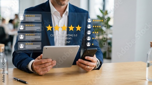 Customer rating five stars excellent score review feedback concept with businessman holding smartphone and tablet checking social media comments