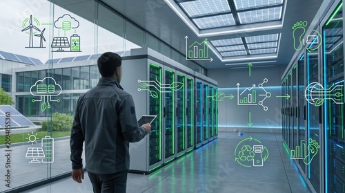 Green data center server room with sustainability icons, solar panels, wind turbines, recycling, energy efficiency, cloud computing, network infrastructure