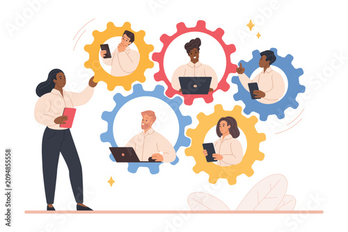 Female boss leads diverse business team connected in colorful gears, collaborating with laptops and tablets for modern office project management, isolated on white background vector illustration