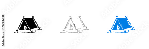 Three colorful tent camping icons in a row isolated on transparent background, Vector