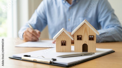 Person signing contract with wooden house models on clipboard for real estate transaction