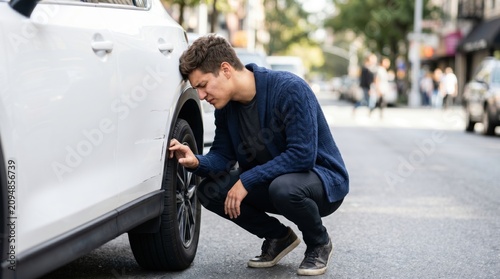 Stressed man inspecting scratch on white car fender, vehicle damage and auto insurance claim concept
