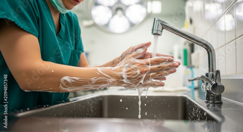 Nurse washing hands in hospital sink with soap and water, healthcare hygiene