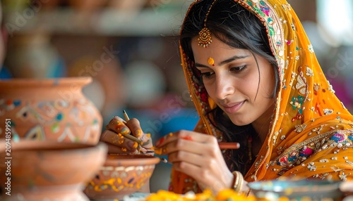Young woman in ethnic attire meticulously painting designs onto stacked clay pots in a warm, artisan setting